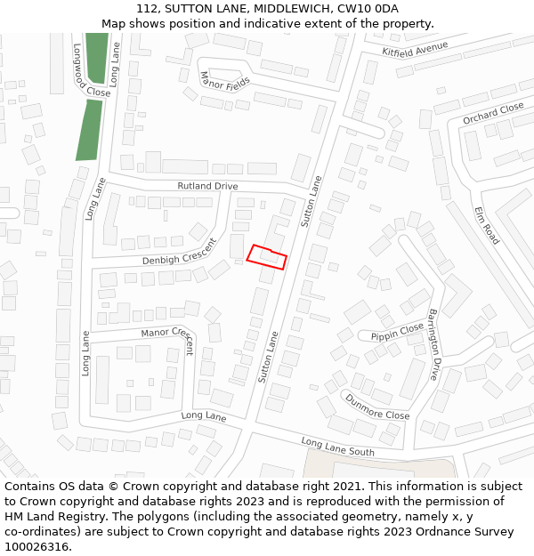 112, SUTTON LANE, MIDDLEWICH, CW10 0DA: Location map and indicative extent of plot