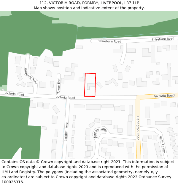 112, VICTORIA ROAD, FORMBY, LIVERPOOL, L37 1LP: Location map and indicative extent of plot