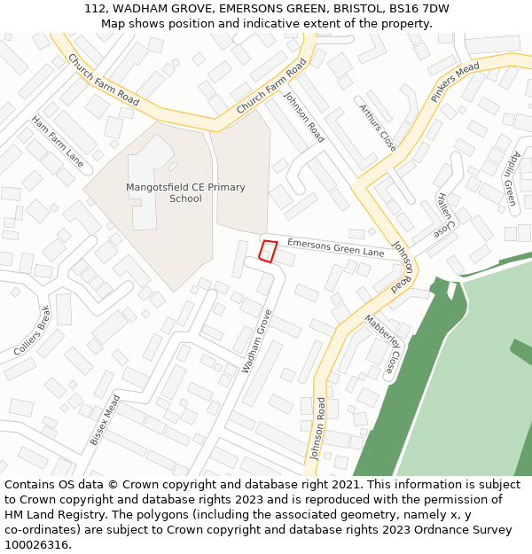 112, WADHAM GROVE, EMERSONS GREEN, BRISTOL, BS16 7DW: Location map and indicative extent of plot