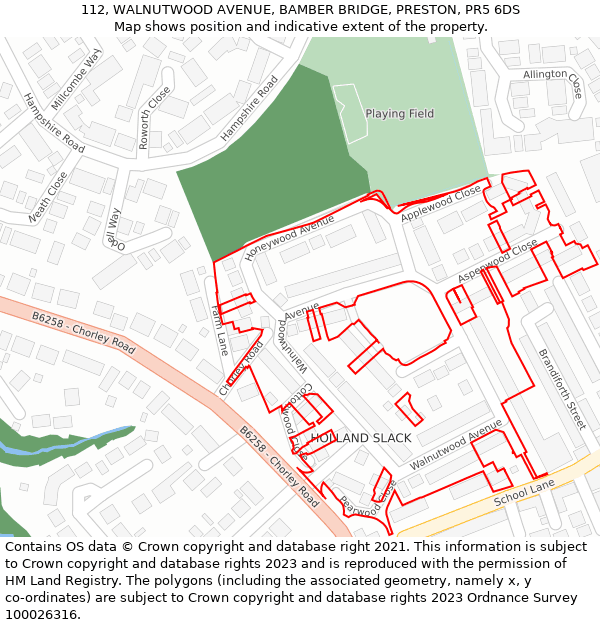 112, WALNUTWOOD AVENUE, BAMBER BRIDGE, PRESTON, PR5 6DS: Location map and indicative extent of plot