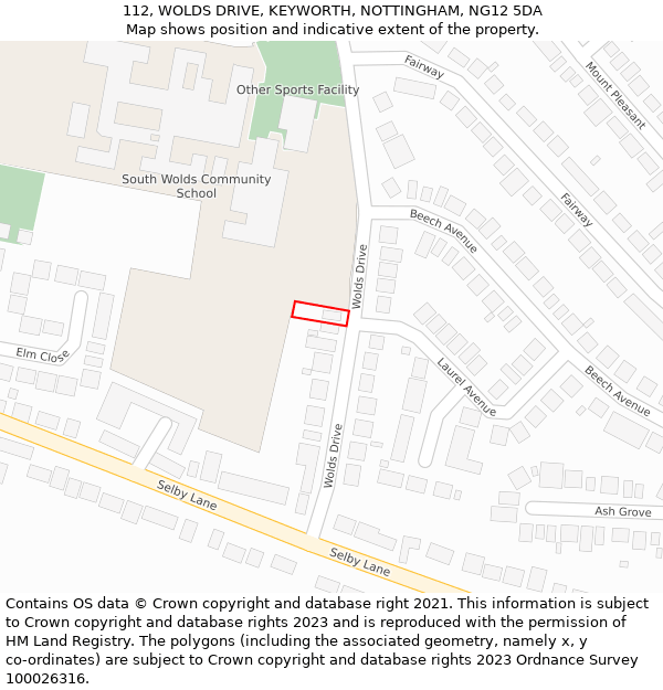 112, WOLDS DRIVE, KEYWORTH, NOTTINGHAM, NG12 5DA: Location map and indicative extent of plot