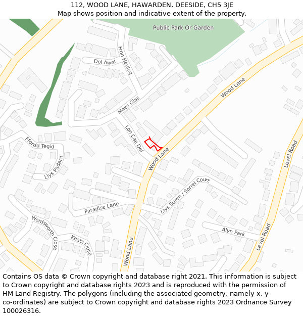 112, WOOD LANE, HAWARDEN, DEESIDE, CH5 3JE: Location map and indicative extent of plot