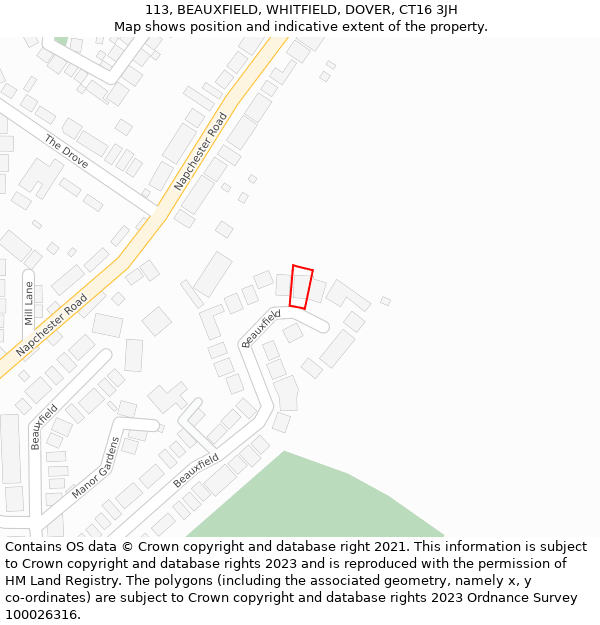 113, BEAUXFIELD, WHITFIELD, DOVER, CT16 3JH: Location map and indicative extent of plot
