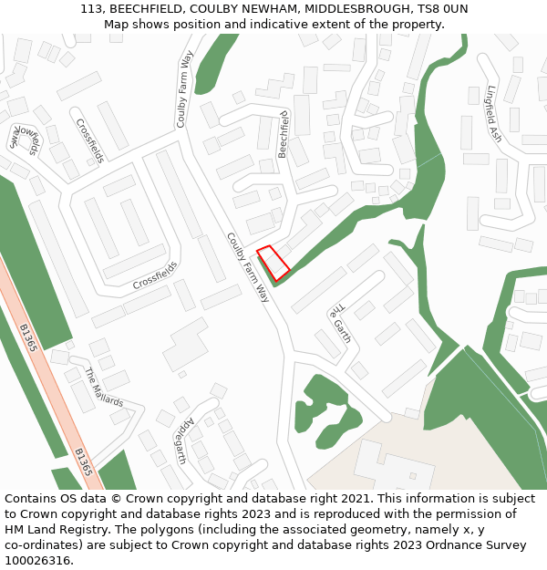 113, BEECHFIELD, COULBY NEWHAM, MIDDLESBROUGH, TS8 0UN: Location map and indicative extent of plot