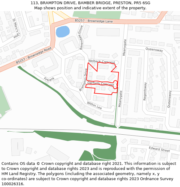 113, BRAMPTON DRIVE, BAMBER BRIDGE, PRESTON, PR5 6SG: Location map and indicative extent of plot