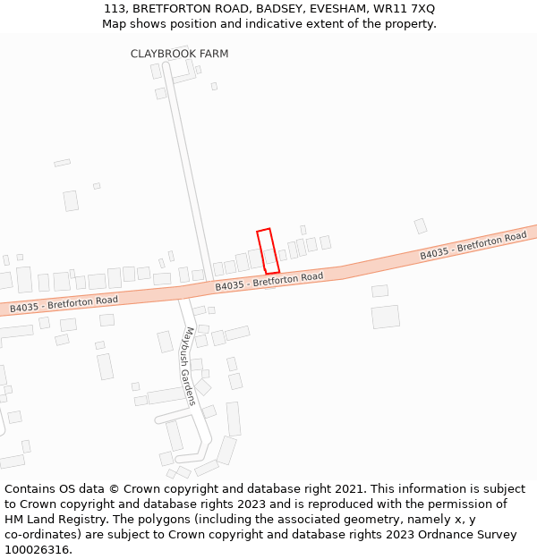 113, BRETFORTON ROAD, BADSEY, EVESHAM, WR11 7XQ: Location map and indicative extent of plot