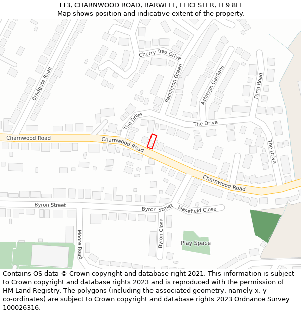 113, CHARNWOOD ROAD, BARWELL, LEICESTER, LE9 8FL: Location map and indicative extent of plot