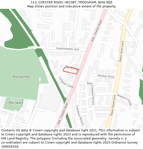 113, CHESTER ROAD, HELSBY, FRODSHAM, WA6 0QZ: Location map and indicative extent of plot