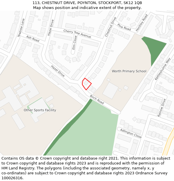 113, CHESTNUT DRIVE, POYNTON, STOCKPORT, SK12 1QB: Location map and indicative extent of plot