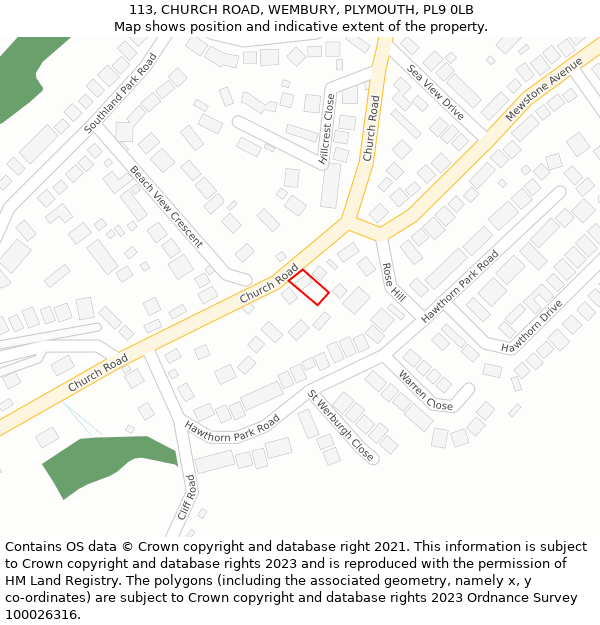 113, CHURCH ROAD, WEMBURY, PLYMOUTH, PL9 0LB: Location map and indicative extent of plot