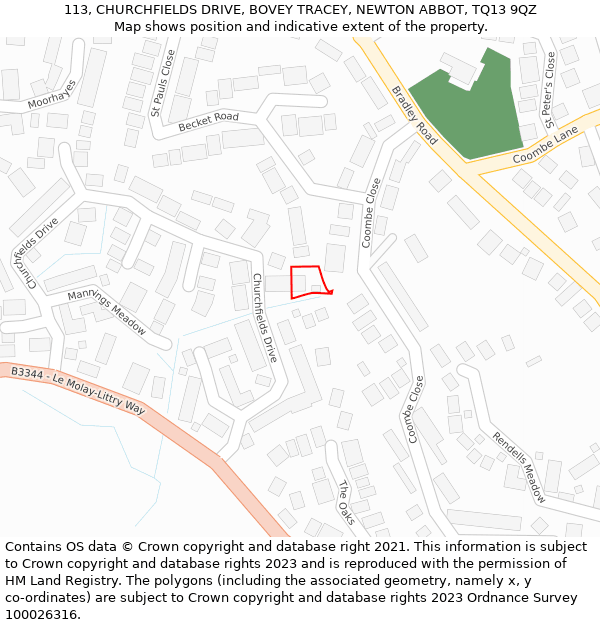 113, CHURCHFIELDS DRIVE, BOVEY TRACEY, NEWTON ABBOT, TQ13 9QZ: Location map and indicative extent of plot