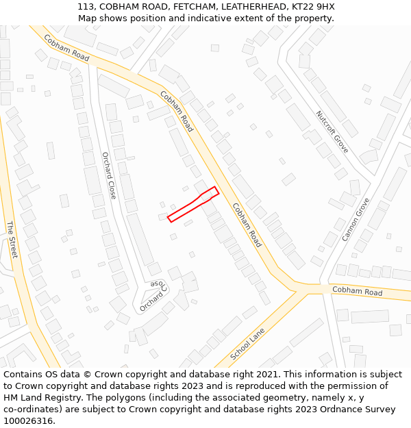 113, COBHAM ROAD, FETCHAM, LEATHERHEAD, KT22 9HX: Location map and indicative extent of plot