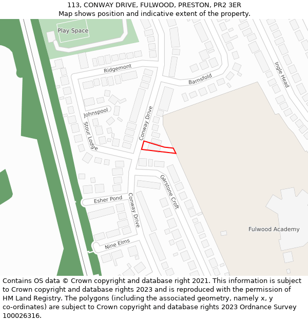 113, CONWAY DRIVE, FULWOOD, PRESTON, PR2 3ER: Location map and indicative extent of plot