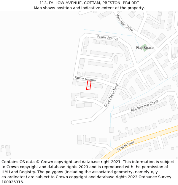 113, FALLOW AVENUE, COTTAM, PRESTON, PR4 0DT: Location map and indicative extent of plot
