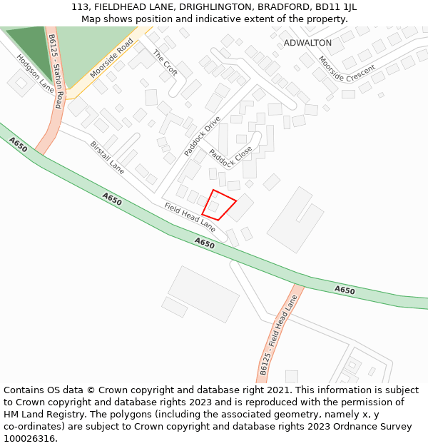 113, FIELDHEAD LANE, DRIGHLINGTON, BRADFORD, BD11 1JL: Location map and indicative extent of plot