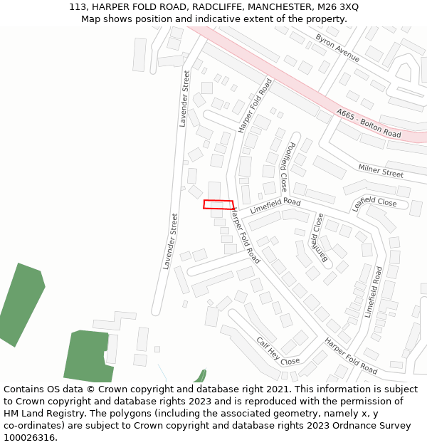 113, HARPER FOLD ROAD, RADCLIFFE, MANCHESTER, M26 3XQ: Location map and indicative extent of plot