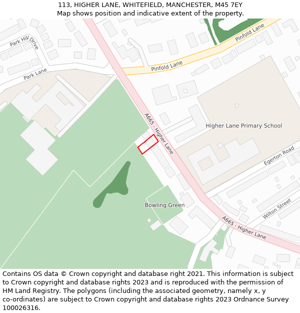 113, HIGHER LANE, WHITEFIELD, MANCHESTER, M45 7EY: Location map and indicative extent of plot