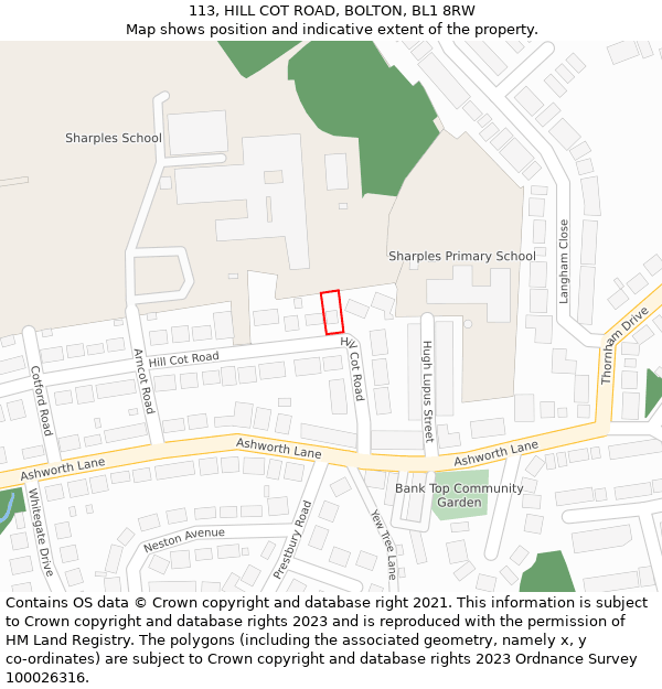 113, HILL COT ROAD, BOLTON, BL1 8RW: Location map and indicative extent of plot