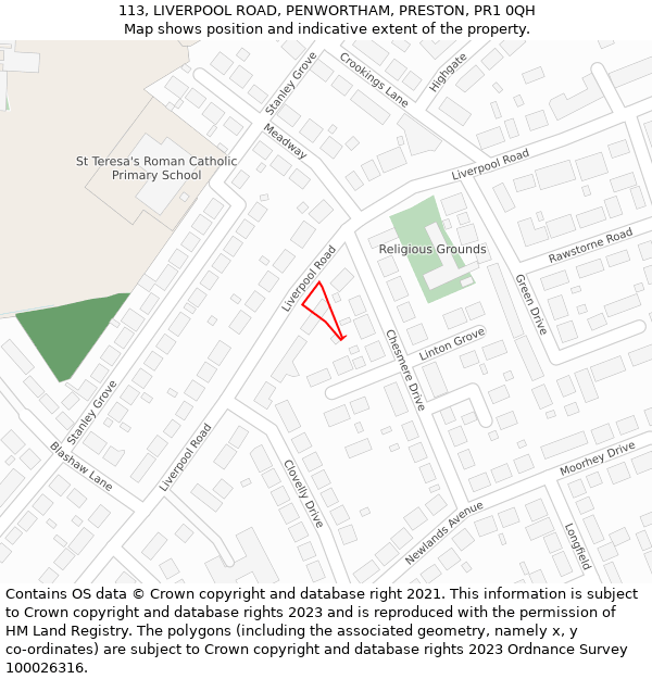 113, LIVERPOOL ROAD, PENWORTHAM, PRESTON, PR1 0QH: Location map and indicative extent of plot