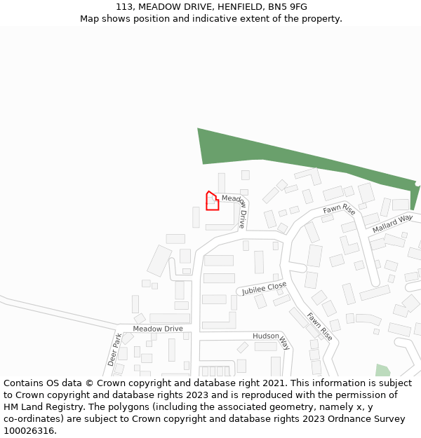 113, MEADOW DRIVE, HENFIELD, BN5 9FG: Location map and indicative extent of plot