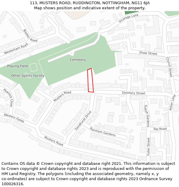 113, MUSTERS ROAD, RUDDINGTON, NOTTINGHAM, NG11 6JA: Location map and indicative extent of plot