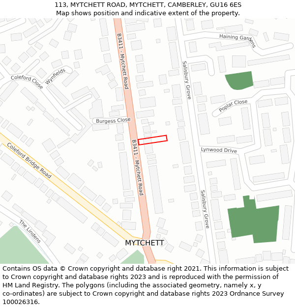 113, MYTCHETT ROAD, MYTCHETT, CAMBERLEY, GU16 6ES: Location map and indicative extent of plot