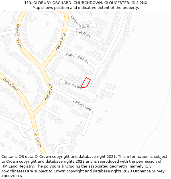 113, OLDBURY ORCHARD, CHURCHDOWN, GLOUCESTER, GL3 2NX: Location map and indicative extent of plot