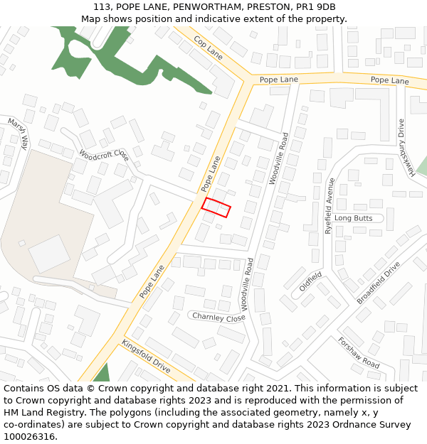 113, POPE LANE, PENWORTHAM, PRESTON, PR1 9DB: Location map and indicative extent of plot