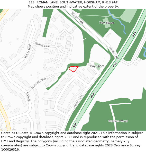 113, ROMAN LANE, SOUTHWATER, HORSHAM, RH13 9AF: Location map and indicative extent of plot