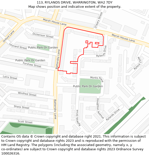113, RYLANDS DRIVE, WARRINGTON, WA2 7DY: Location map and indicative extent of plot