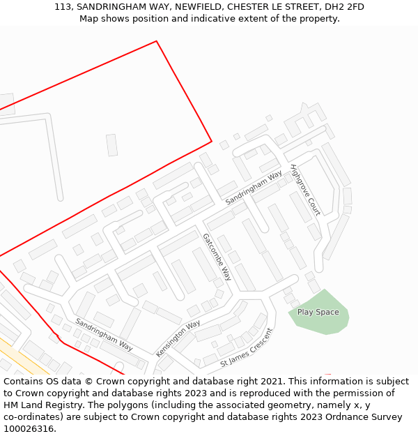 113, SANDRINGHAM WAY, NEWFIELD, CHESTER LE STREET, DH2 2FD: Location map and indicative extent of plot