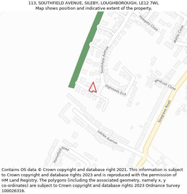 113, SOUTHFIELD AVENUE, SILEBY, LOUGHBOROUGH, LE12 7WL: Location map and indicative extent of plot