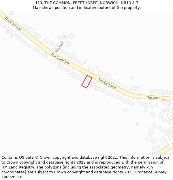 113, THE COMMON, FREETHORPE, NORWICH, NR13 3LT: Location map and indicative extent of plot