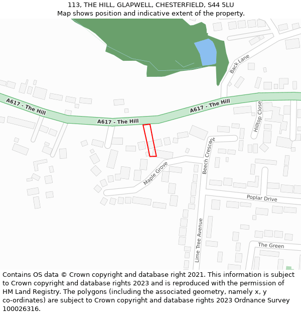 113, THE HILL, GLAPWELL, CHESTERFIELD, S44 5LU: Location map and indicative extent of plot