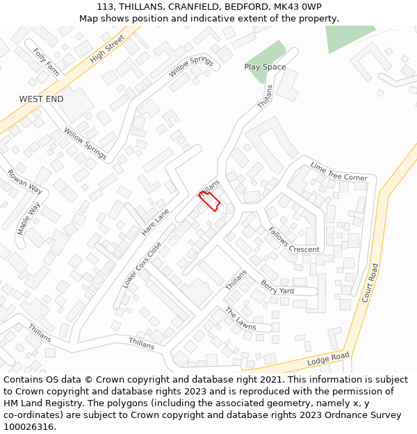 113, THILLANS, CRANFIELD, BEDFORD, MK43 0WP: Location map and indicative extent of plot