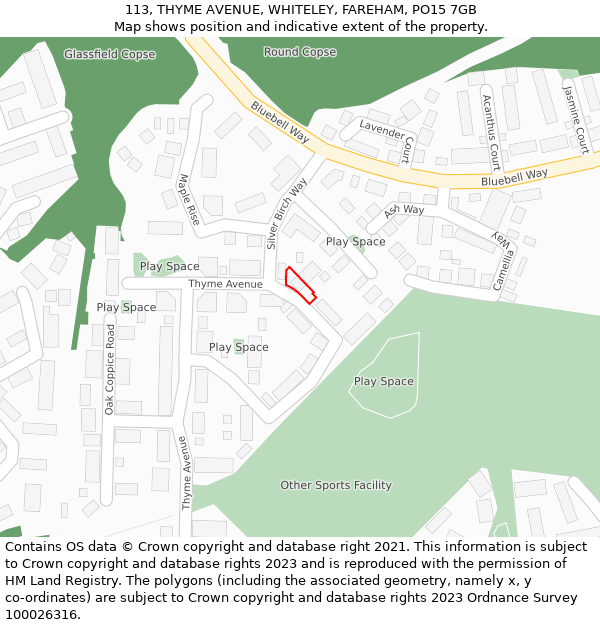 113, THYME AVENUE, WHITELEY, FAREHAM, PO15 7GB: Location map and indicative extent of plot