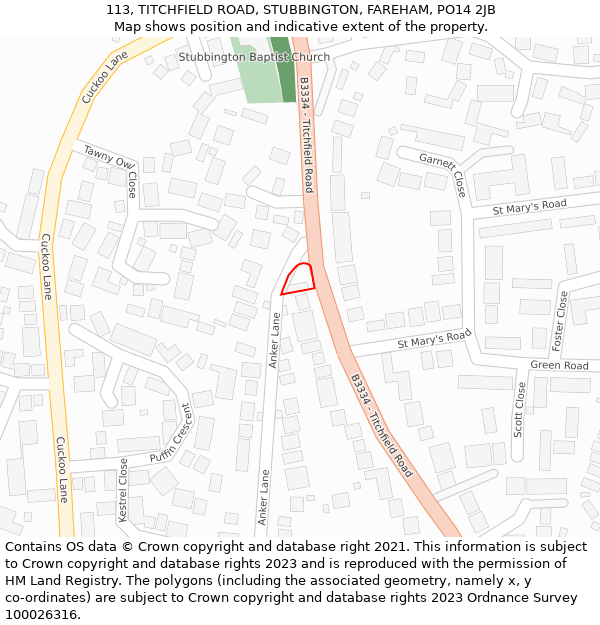 113, TITCHFIELD ROAD, STUBBINGTON, FAREHAM, PO14 2JB: Location map and indicative extent of plot