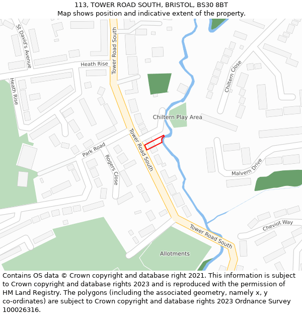 113, TOWER ROAD SOUTH, BRISTOL, BS30 8BT: Location map and indicative extent of plot