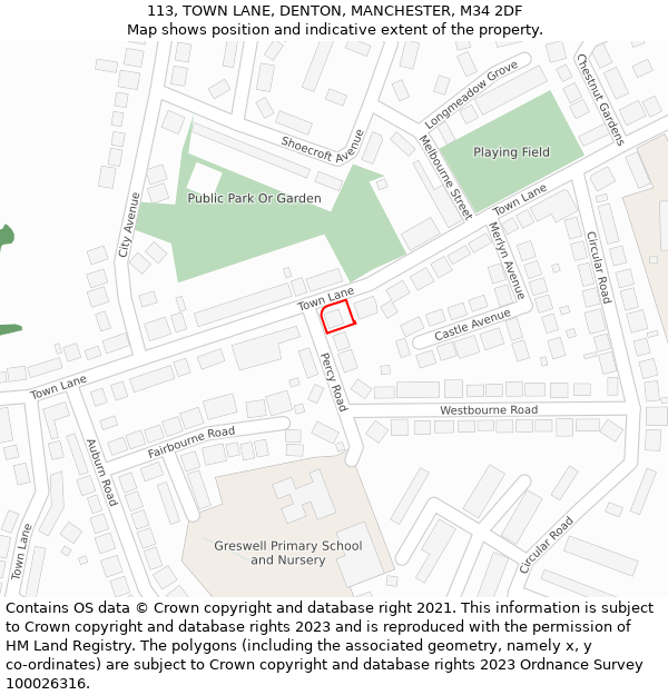 113, TOWN LANE, DENTON, MANCHESTER, M34 2DF: Location map and indicative extent of plot