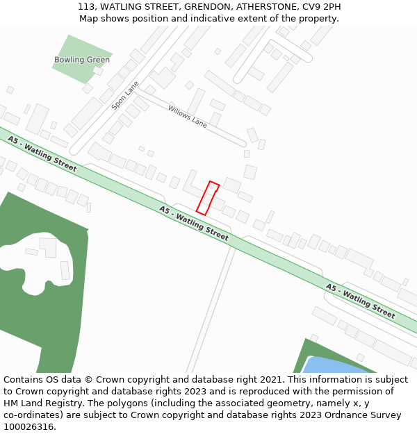 113, WATLING STREET, GRENDON, ATHERSTONE, CV9 2PH: Location map and indicative extent of plot