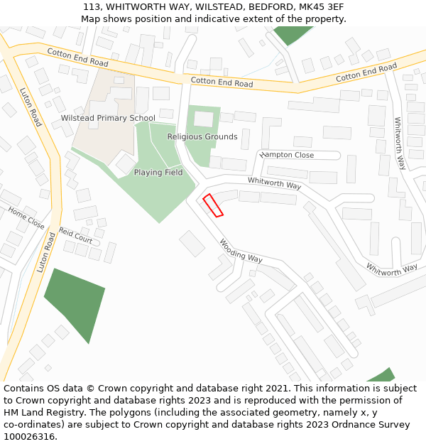 113, WHITWORTH WAY, WILSTEAD, BEDFORD, MK45 3EF: Location map and indicative extent of plot