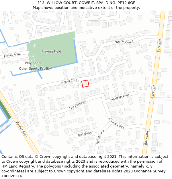 113, WILLOW COURT, COWBIT, SPALDING, PE12 6GF: Location map and indicative extent of plot