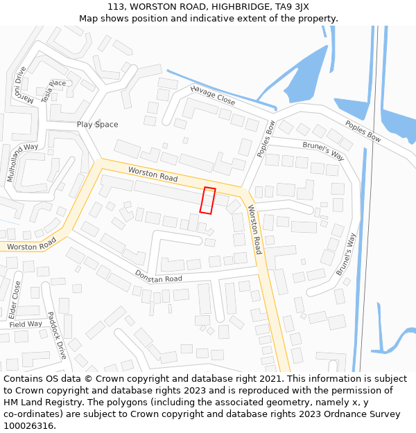 113, WORSTON ROAD, HIGHBRIDGE, TA9 3JX: Location map and indicative extent of plot