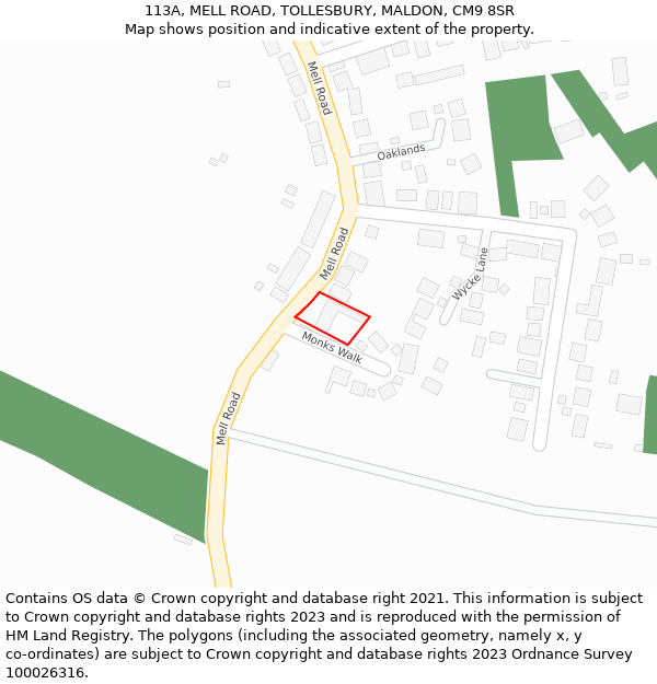 113A, MELL ROAD, TOLLESBURY, MALDON, CM9 8SR: Location map and indicative extent of plot