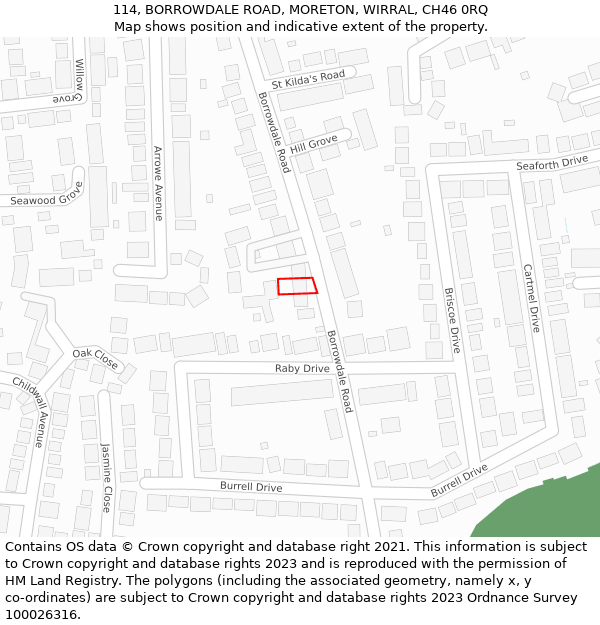 114, BORROWDALE ROAD, MORETON, WIRRAL, CH46 0RQ: Location map and indicative extent of plot