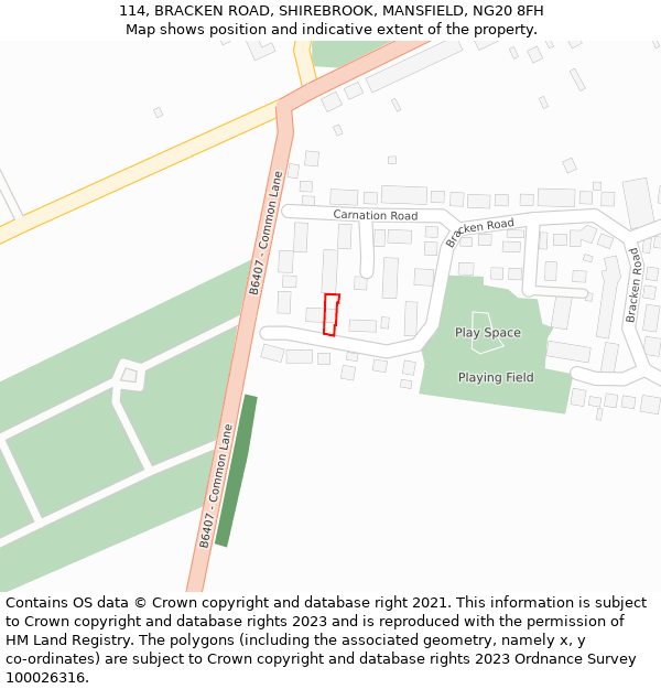 114, BRACKEN ROAD, SHIREBROOK, MANSFIELD, NG20 8FH: Location map and indicative extent of plot