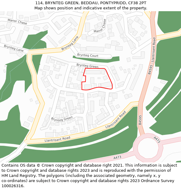 114, BRYNTEG GREEN, BEDDAU, PONTYPRIDD, CF38 2PT: Location map and indicative extent of plot