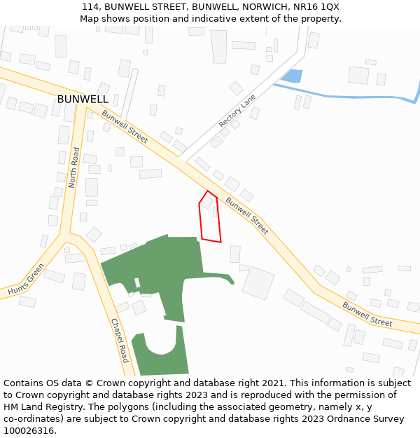 114, BUNWELL STREET, BUNWELL, NORWICH, NR16 1QX: Location map and indicative extent of plot