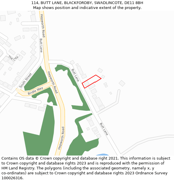 114, BUTT LANE, BLACKFORDBY, SWADLINCOTE, DE11 8BH: Location map and indicative extent of plot