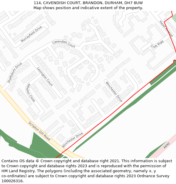 114, CAVENDISH COURT, BRANDON, DURHAM, DH7 8UW: Location map and indicative extent of plot